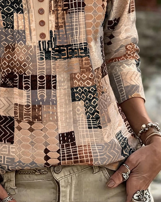 T-Shirt Geometrisk Patchwork Trykk Henley