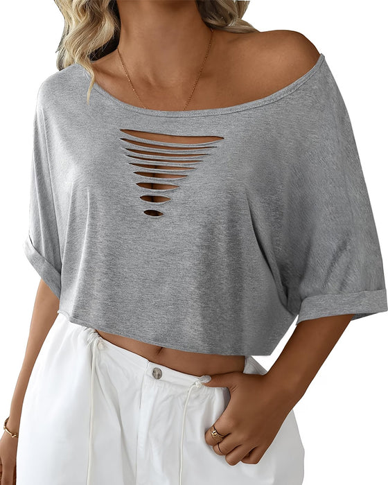 T-Skjorter Off-Shoulder Asymmetrisk Revnet Rulletkant