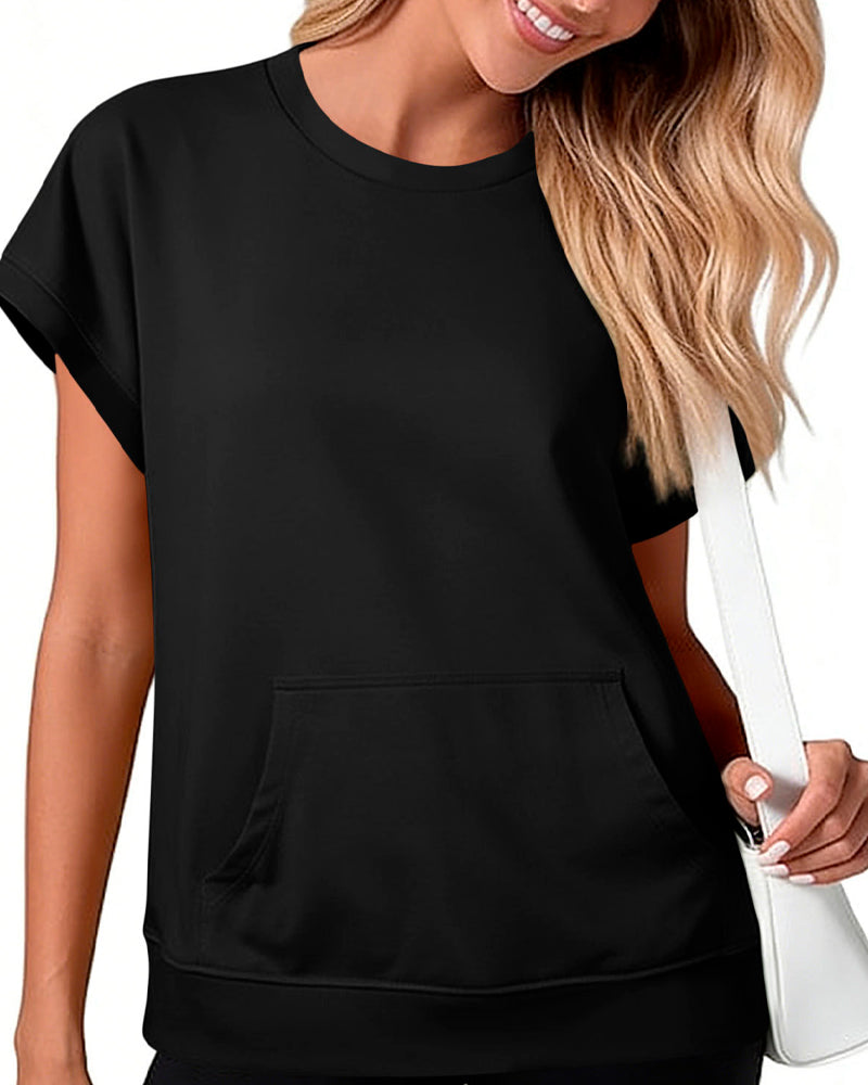 Bluse Forlomme Ensfarget Rund Hals