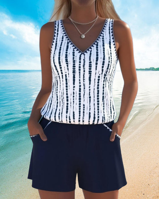 Badedrakt med trykk og lommer, avslappet v-hals