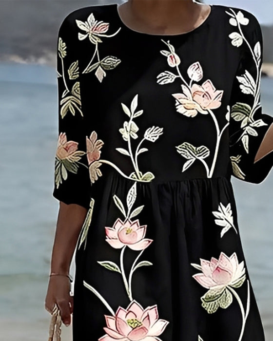 Blomstret Kjole Rundhals