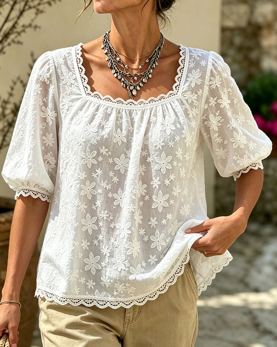 Bluse Med Firkantet Hals Puffermet Jacquard