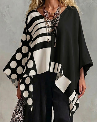 Bluse Polka Dot Stripe Patchwork V Hals