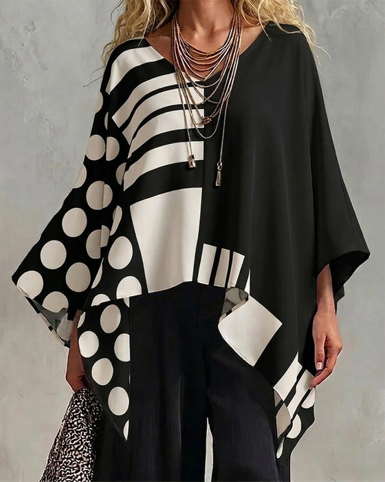 Bluse Polka Dot Stripe Patchwork V Hals