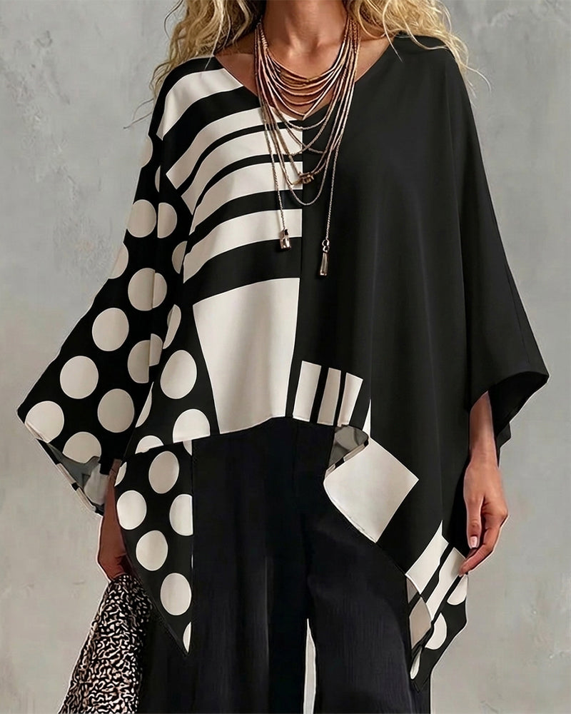 Bluse Polka Dot Stripe Patchwork V Hals