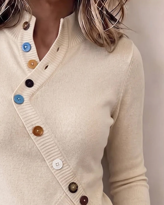 Pullover Mandarin Krage Fargeblokk Asymmetrisk Knapp