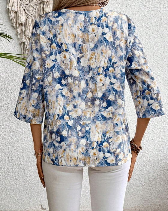 Bluse V-hals Trekvart Erme Blomstret Trykk
