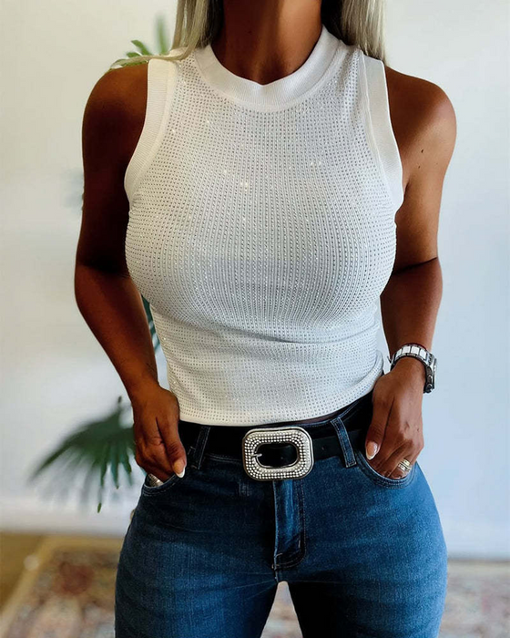 Tanktopp Ensfarget Ribbet Strass Tettsittende