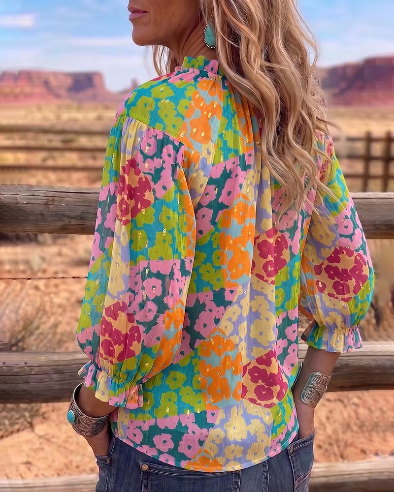 Bluse Blomstret V-Hals Knyt-Foran Puff Erme