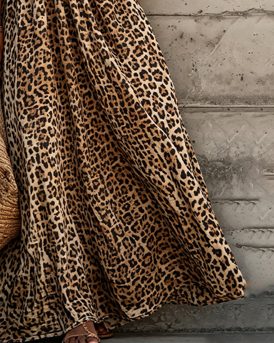 Kjole Leopard Trykk V-Hals Puff Erme