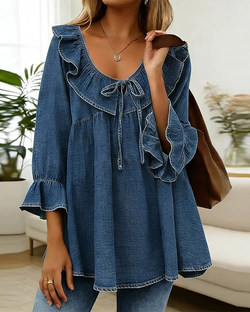 Bluse Rysjebind Denim Rund Hals