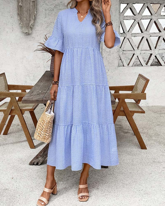 Kjole Blå Hvit Gingham V-Hals
