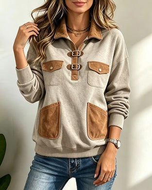 Sweatshirt Semsket Skinn Lappverk Lomme