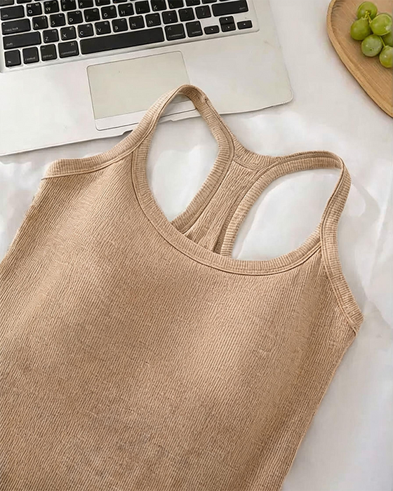 Tanktopp Innebygd Bh Ribbet Ensfarget