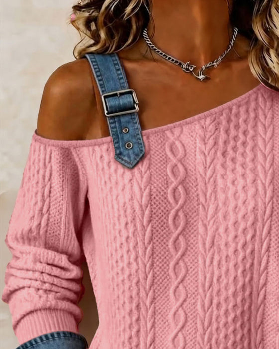 Sweatshirt En-Skulder Stroppet Denim Patchwork Avslappet
