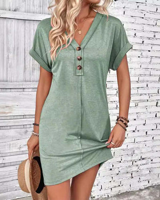 Kjole V-Utringning Knappefront Solid Casual