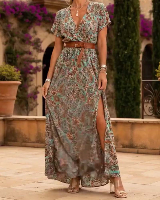 Kjole V-Hals Vintage Paisley Splitt Lang