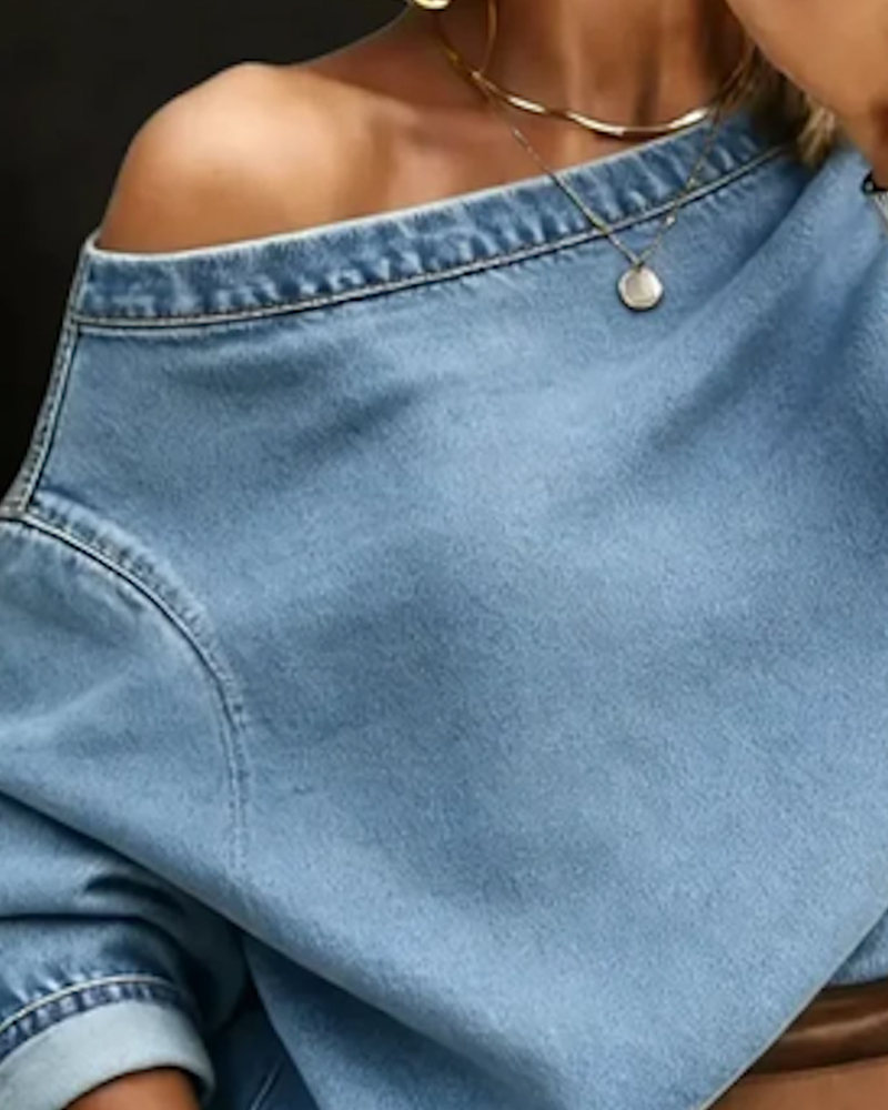 Topp Off-Skulder Løs Denim Lang Erme
