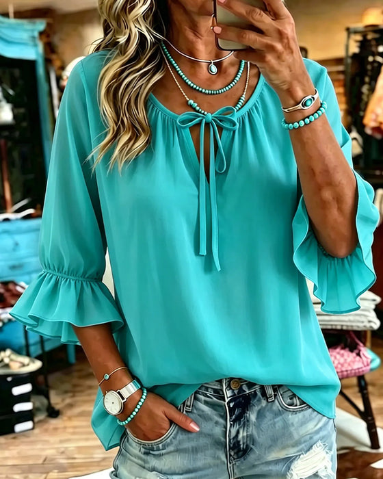 Bluse Solid Farge Rynket Erme Snøring