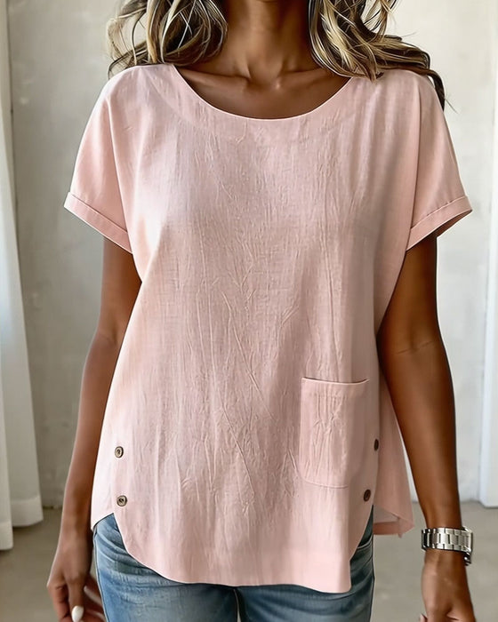 T-Skjorte Bomull Lin Knapp Detalj Kort Erme