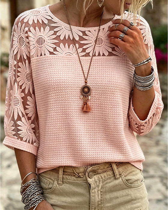 T-Skjorte Rund Hals Blonde Vaffel Patchwork