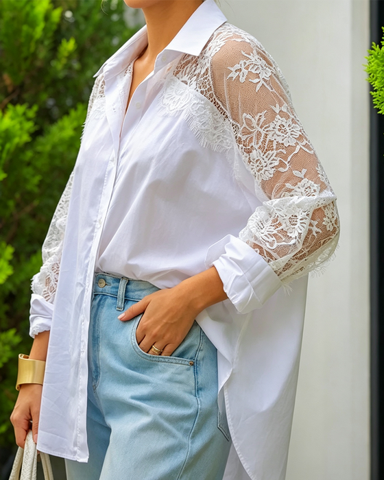 Bluse Blonder Patchwork Slag Lang Erme