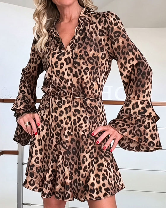 Kjole V-Hals Leopardmønster Snøring Kort