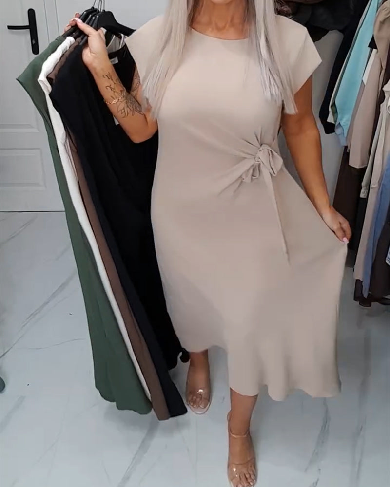 Kjole Ensfarget Rund Hals Midjepasserende Elegant