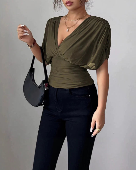 Bluse Solid Farge Dyp V-Hals Midje Kort Erme