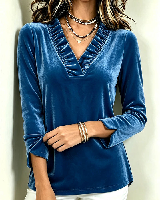 Bluse V-Hals Ruffle Rynket Splitt