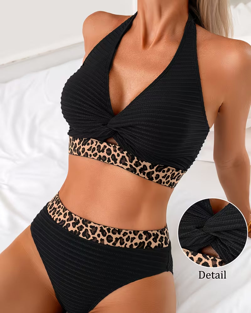 Bikini Ribbet Leopard Fargeblokk