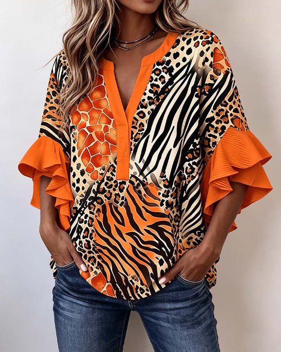 Bluse Sebra Leopard Trykk Ruffle Erme