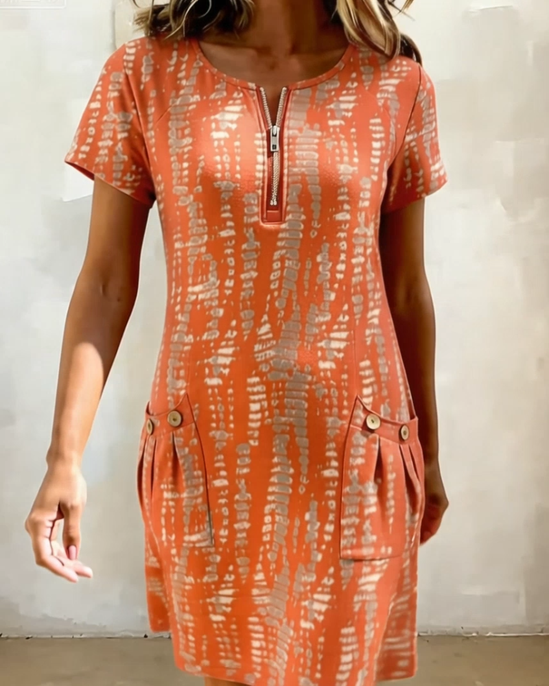 Kjole Trykt Halv-Glidelås Stor Lomme