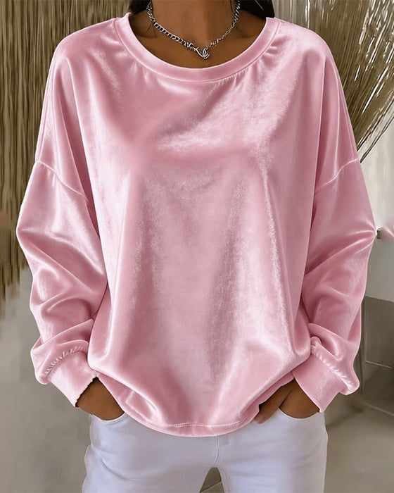 Bluse Rund Hals Drop Skulder Avslappet Lang Erme