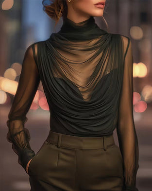 Sett Mesh Høy Hals Gjennomsiktig Rynket