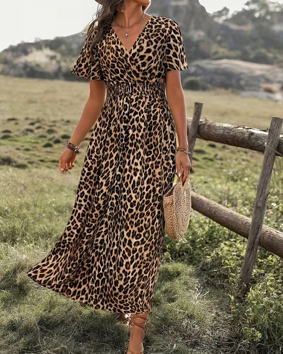 Kjole Leopard V-Hals Elastisk Midje A-Linje