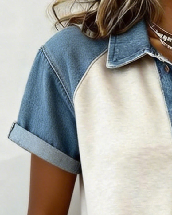 T-Skjorte Denim Farge Blokk Kort Erme