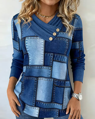 Langermet Topp Med V-Hals Og Kontrast I Helfarge