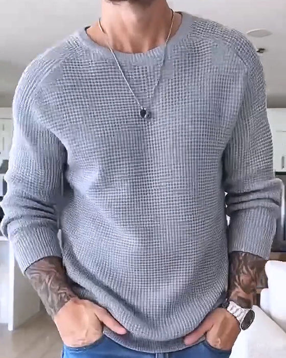 Pullover Herre Rund Hals Vaffel Langermet