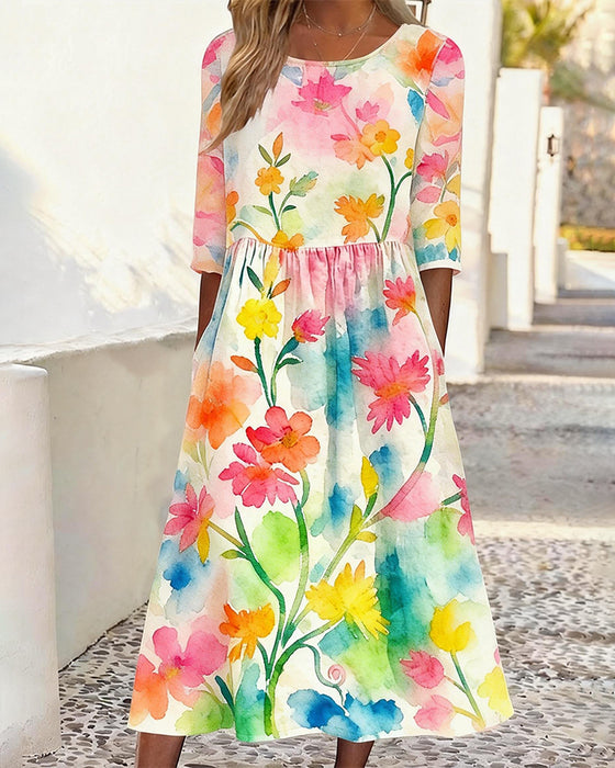 Kjole Akvarell Blomstret Trykk Rundhalset