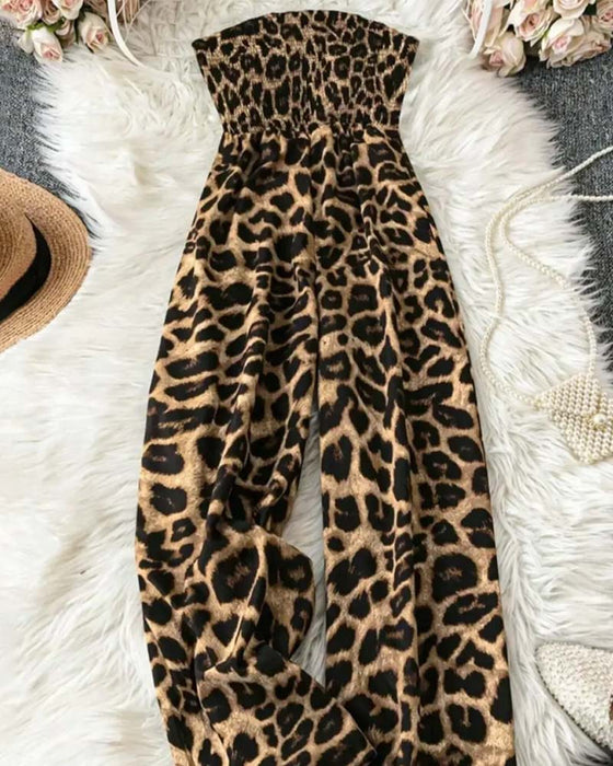Jumpsuit Stroppeløs Leopard Trykk Bred Ben Midjekniping