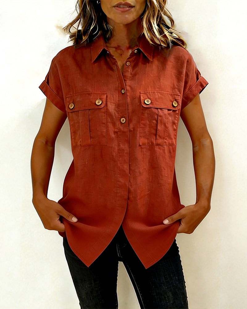 Skjorte Lomme Bomull Lin Kort Erme