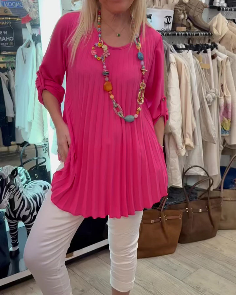 Bluse Rund Hals Plissert