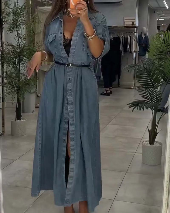 Kjole Skjorte Krage Lomme Knapp Denim