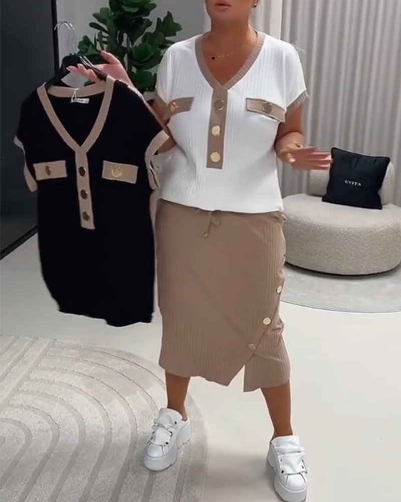 T-Skjorte V-Hals Mote Ribbet Knapp