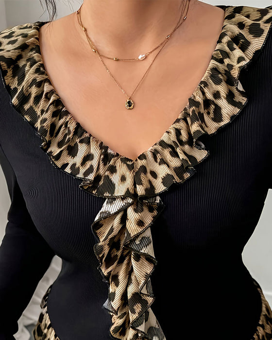 Top V-Hals Ruffle Leopard Trykk