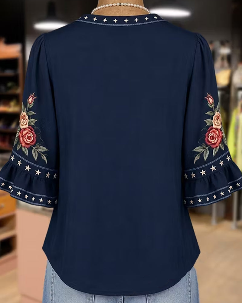 Trykt Bluse Med Volangermer