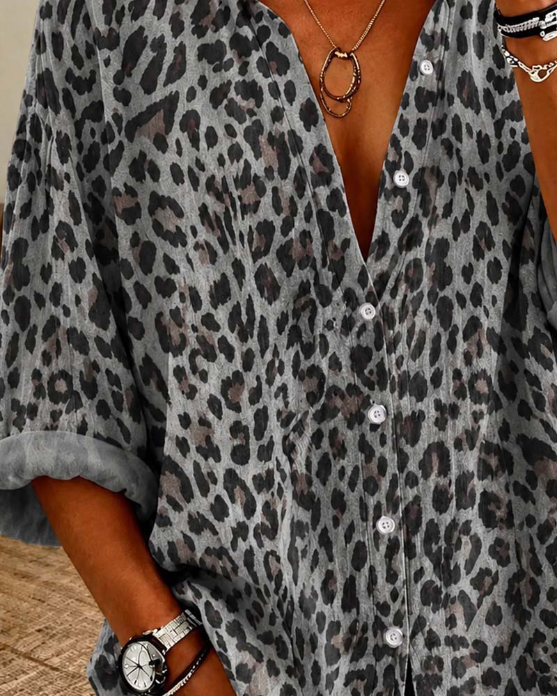 Skjorte V-Hals Knapp Leopard Lang Erme