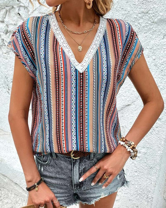 T-Skjorte Fargerik Trykt Blonder V-Hals