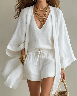 Tredelt Sett V-Utringning Tanktopp Cardigan Shorts